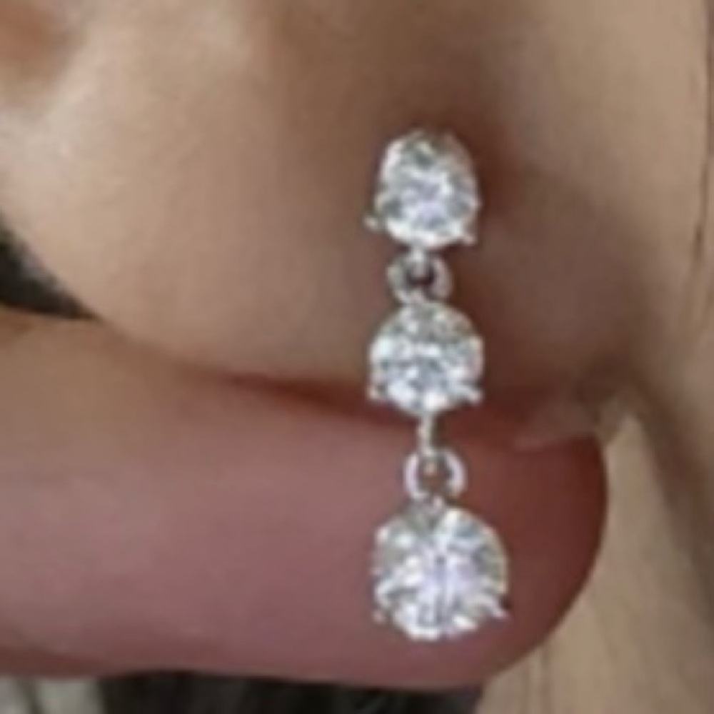 SILVER 3 CZ Diamond Drop Earrings VINTAGE EDWARDIAN-STYLE 
DANGLE EARRINGS 1” - Picture 8 of 9